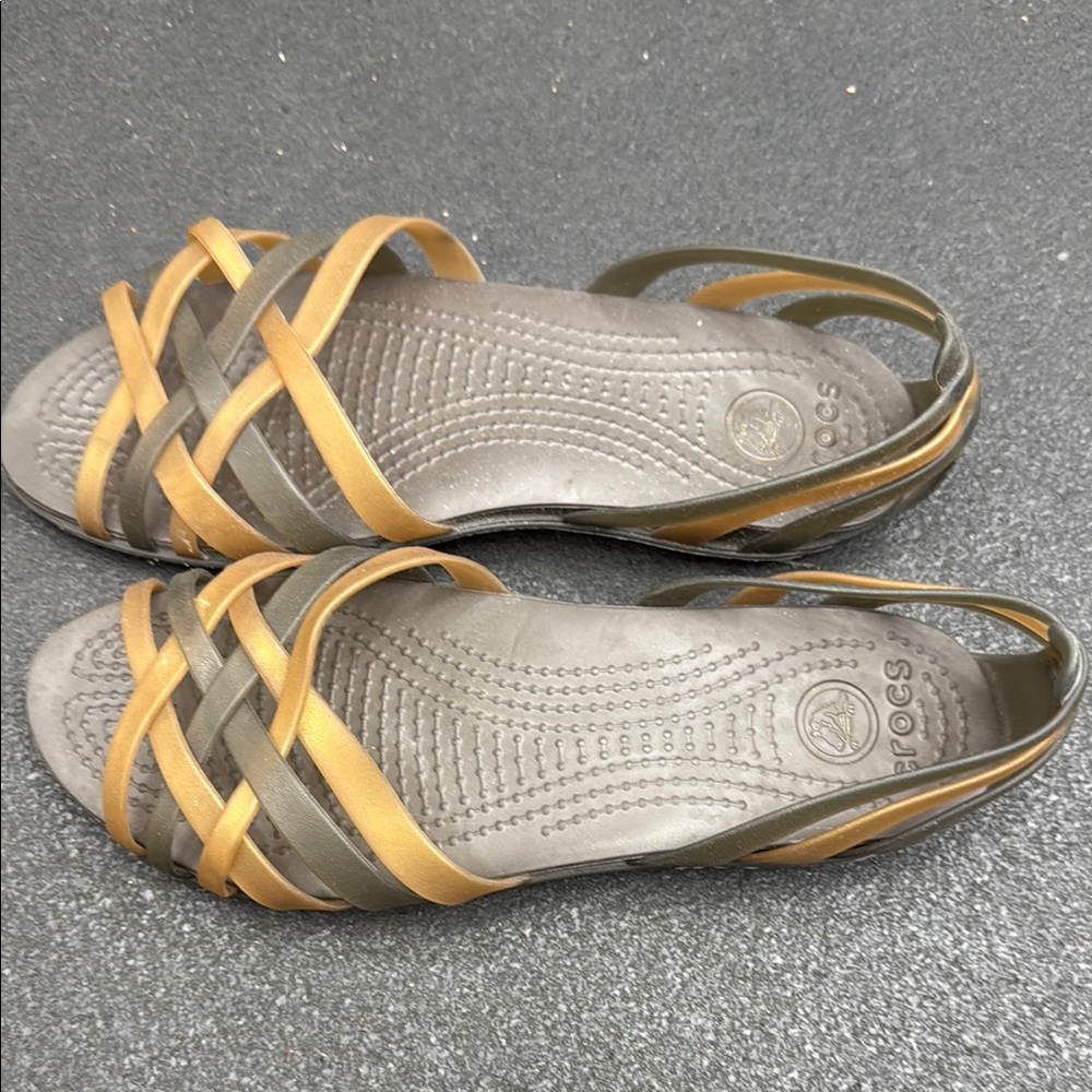 CROCS Gold and Gray Sandals with Crisscross Straps